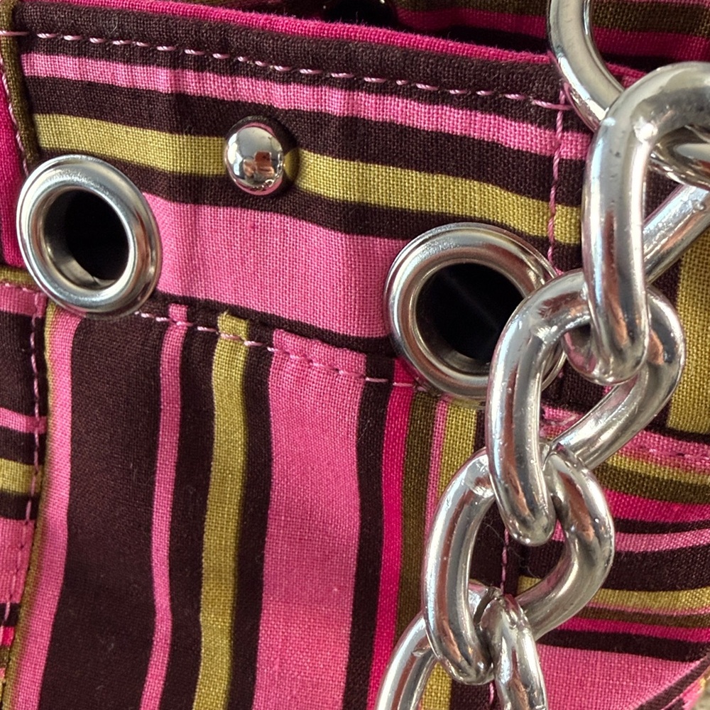 Pink Striped Vegan Leather Studded Bag Rhinestone Glam |Statement Purse Like New - Picture 7 of 17